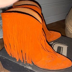 Dingo Bright Orange Fringe Ankle Boots 3.5 inch heel